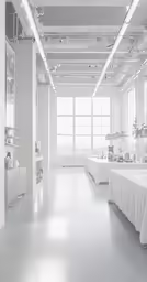 white room with tables and white appliances all around