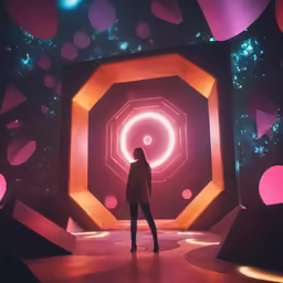a woman stands in front of an image of a sci - fi environment