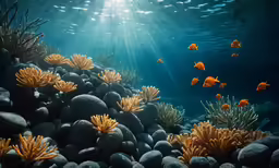 several fish are swimming over an underwater coral reef