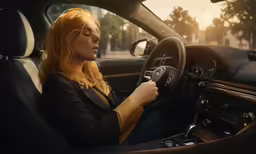 a woman sitting in the driver seat of a car