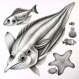 a drawing of fish and shells, one is black on white