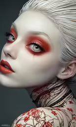 the face of a girl with red and white makeup