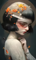 a painting of a woman with orange leaves around her head
