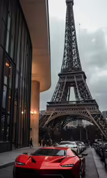 a red car parked near the eiffel tower