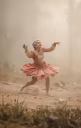 a young girl in a red and pink dress dances in the middle of the fog