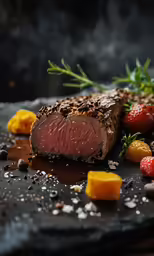 meat on top of a cutting board next to some fruits