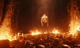 a person standing in the middle of a forest full of flames