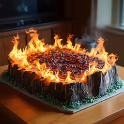 a cake on top of a wooden table covered in frosting