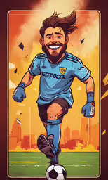 the character on the soccer card has a beard and mustache,a guy on a soccer field with a ball