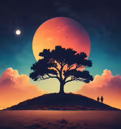 this is a painting of people sitting on a hilltop,couple walking together near tree silhouetted against the moon