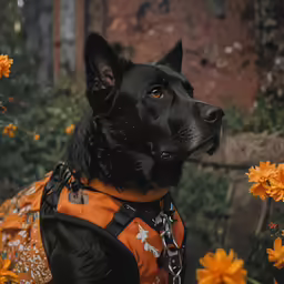 the black dog wearing a yellow vest is surrounded by orange flowers