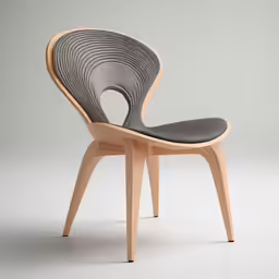 a wooden chair with grey seat cover
