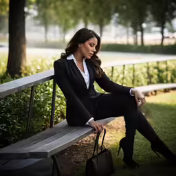a woman with a handbag sitting on a bench