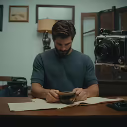 a man sitting at a table next to a camera and some bowls
