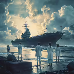 the group is standing on rocks looking at an ocean