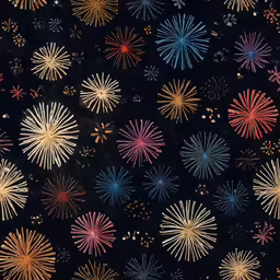 multiple colored fireworks bursting in the air on top of a black surface
