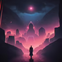 a person is walking toward an abstract mountain landscape