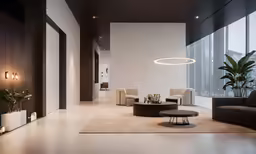 a living room with a very big view of the city