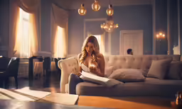 a woman sits on a couch looking at her phone