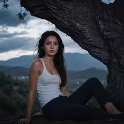 a beautiful woman sitting in the shade by a tree