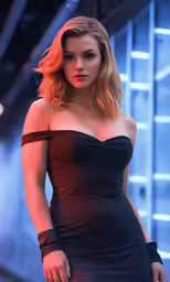 a woman standing in front of stairs, wearing a black dress