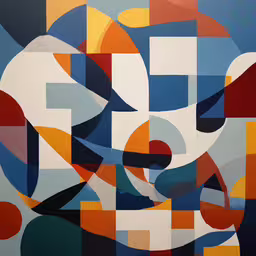 there is a painting with different shapes and colors,large multi - color painting with a series of overlapping shapes