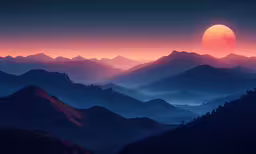 a moon sets over the mountains with pink and yellow highlights