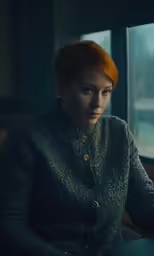 a woman sitting in front of a window with a red hair
