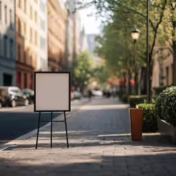 a poster frame and an empty sign on a cobblestone sidewalk