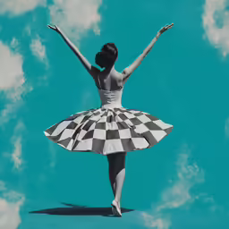a girl in a dress standing with her arms extended in the air