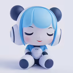 a blue and white bear toy with headphones