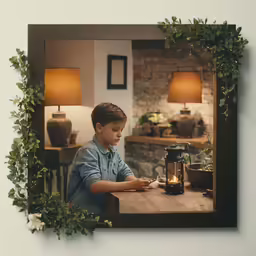 a little boy sitting at a table with a lantern and plants