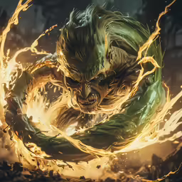 a close up of a green creature with fire in his hands