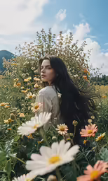 a woman standing among daisies in the middle of a field