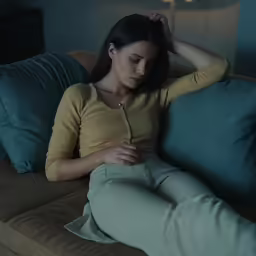 a girl is seated with her hand on her head