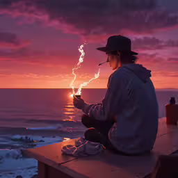 man sitting on a bench holding sparkler during sunset,person sitting on ledge with phone in hand during sunset