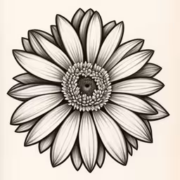 a large white flower with black and white flowers,a drawing of a flower with black and white lines,a sunflower is drawn in black and white,a drawing of a sunflower with one large, pointed - petals,a black and white flower with petals