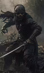 a black man dressed in a knight outfit holding two knives