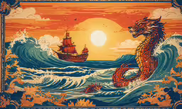 a picture of a dragon in the water,an art print of a sea horse in the middle of waves
