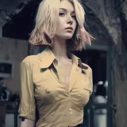 a woman that is standing up with blonde hair