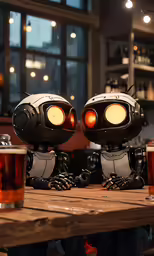 two small robot toys with lights on sitting at a table