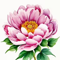 a painting of a pink flower on a white background,a pink flower is on the stem of a plant