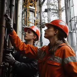 the workers are checking the steel bars of the lift