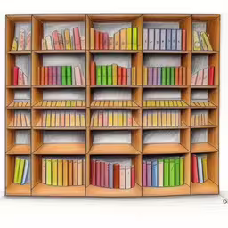 a drawing of a book shelf filled with books,a drawing of a wooden bookcase with lots of books,a book shelf is full of books and one with colored folders,an image of a bookcase with lots of books,a drawing of several wooden bookshelves with different colored books