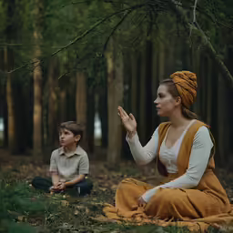 a woman sitting next to a young boy with a brown vest