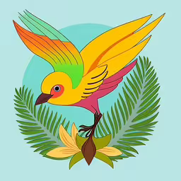 a yellow bird with bright wings perched on top of leaves