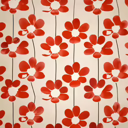 large red floral design printed on an off white background