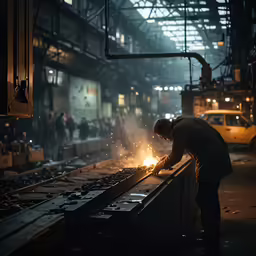 man welding steel inside a factory, with workers in the background