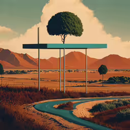 a landscape with a tree and road with a sky in the background,an image of trees and mountains seen through a mirror