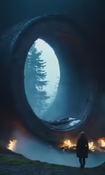a person is standing on a hill in front of a tunnel